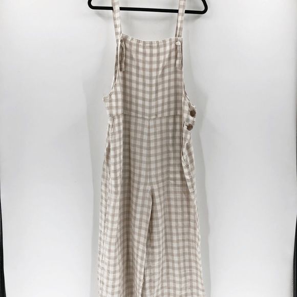 Lou & Grey Women's Cream Beige Gingham 100% Linen Overalls Size M - Picture 4 of 9